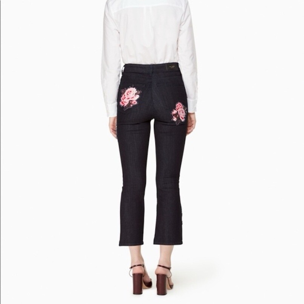Kate Spade Rose Embroidered dark denim Jeans kick flare Broome Street NWOT - Picture 5 of 6